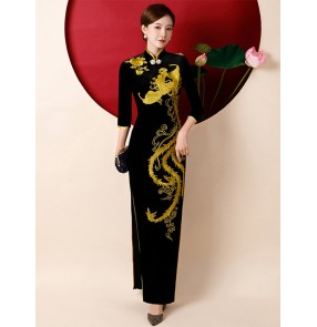 Chinese dresses Black with gold embroidered phoenix Qipao Show Walk model singer host Performance Dress for women girls Velvet Improved cheongsam for lady